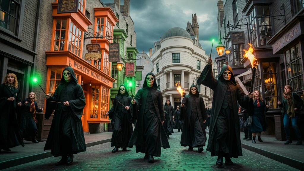 Death Eaters patrol the cobblestone streets